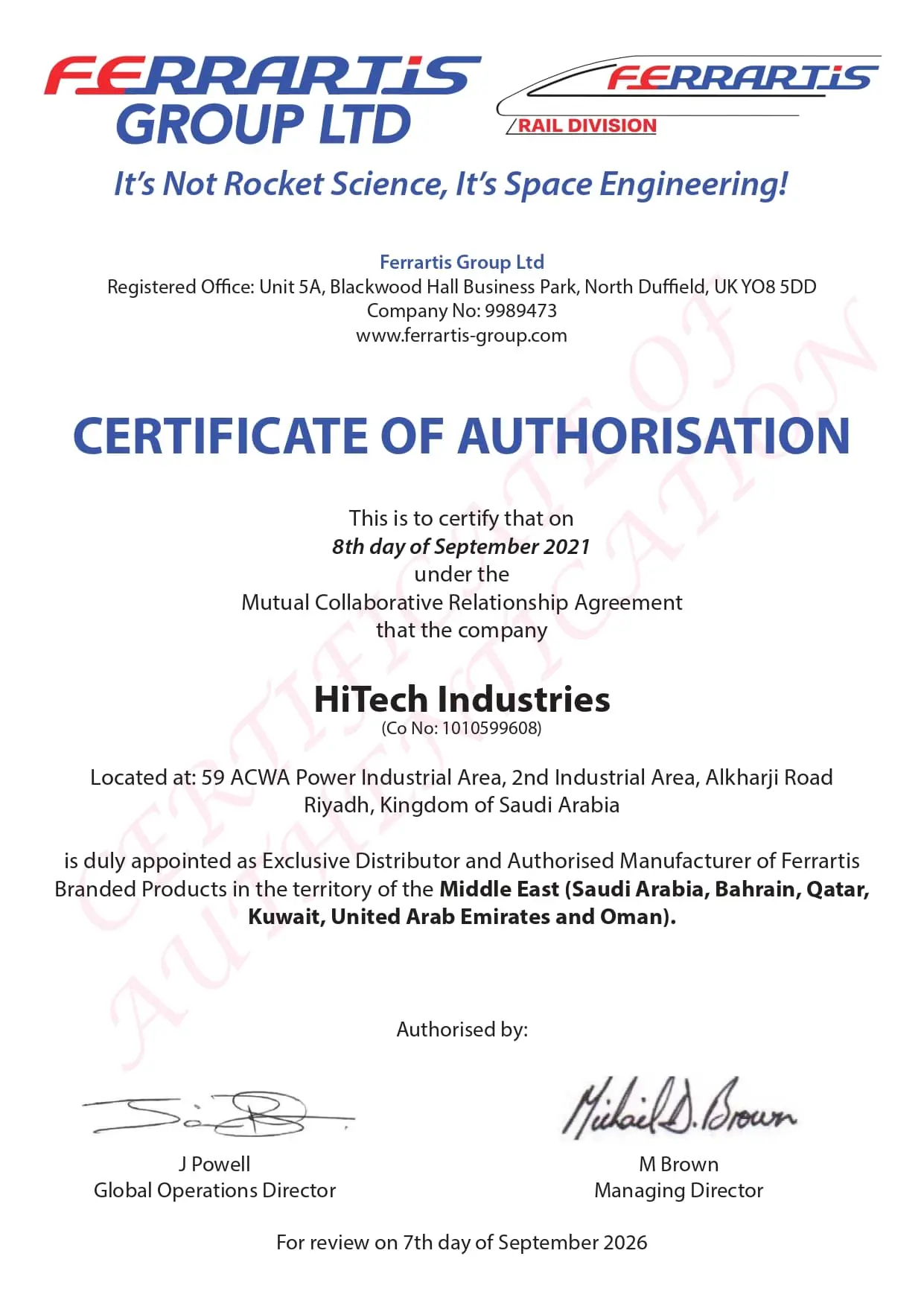 Certificate of Authorisation
